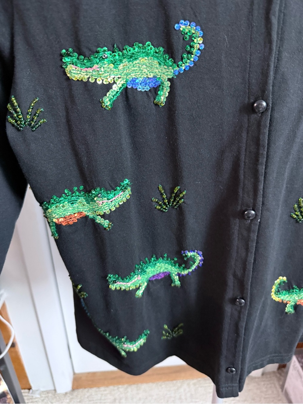 VTG Y2K black Emma Tricot cardigan sequin alligators beaded grass button up L - Picture 5 of 10